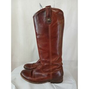 Frye Melissa Button Tall Leather Boots 7B Cognac Brown Pull On Round Toe